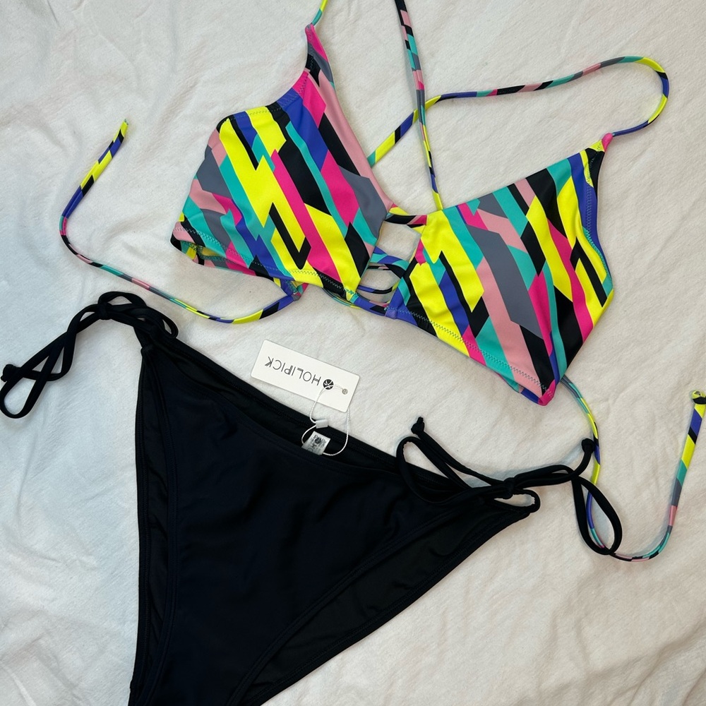 Women’s Large Neon And Black Bikini Mix And Match Tie Side Bottoms Adjustable